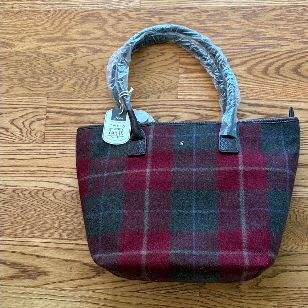 Joules Tweed Plaid Tote - Burgundy and brown